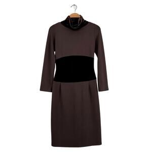 Bigoschi Chocolate Brown Ponte and Velvet Long Sleeve Turtleneck Sleek Dress med